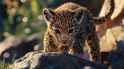 Obraz premium A leopard cub exploring its environment, climbing over rocks and learning to navigate the wild.