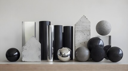 A photograph of polished chrome orbs, matte black cylinders, and sharp-edged concrete blocks placed on a clean wooden table