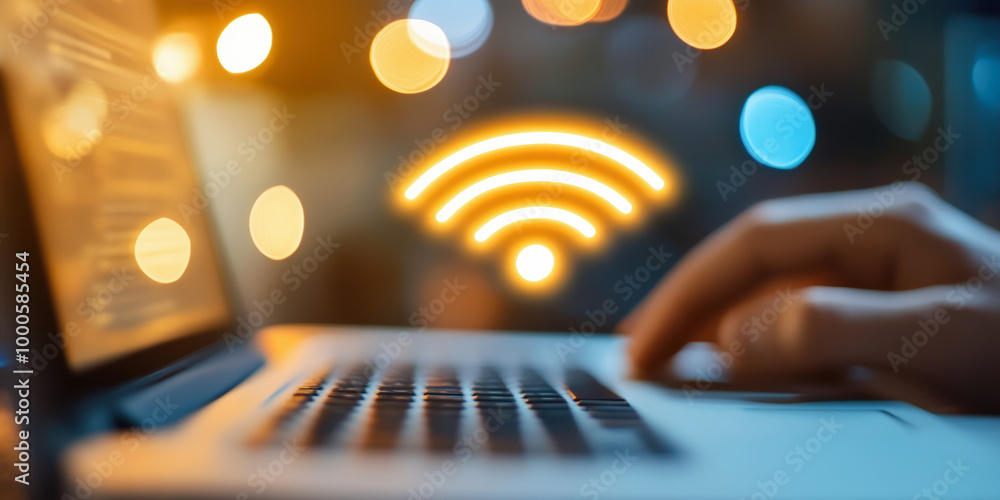 Aufkleber a person uses a laptop with an illuminated wifi icon hovering above, symbolizing wireless internet c
