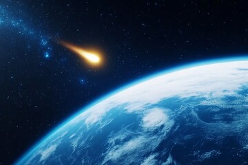 Large asteroid is approaching earth against background of endless space. Blazing asteroid hurtling towards Earth with glowing fire trail, cosmic view illuminated cities visible on planet's surface