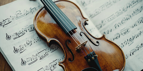 Fototapeta premium A beautifully crafted violin rests on an open sheet of music, generative AI
