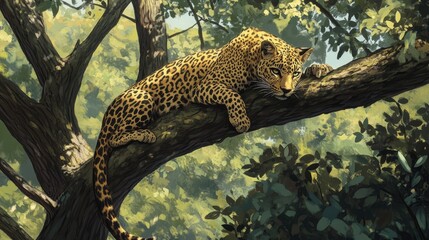 A leopard perched high in a tree, looking down at the forest floor, its tail hanging lazily over a branch.