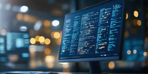 Computer monitor displaying lines of code in a dimly lit room, suggesting a late-night programming or cybersecurity environment. The background is blurred with bokeh lights.
