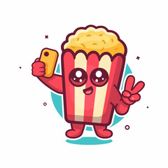 smiling popcorn food character mascot taking a selfie with a smartphone isolated cartoon