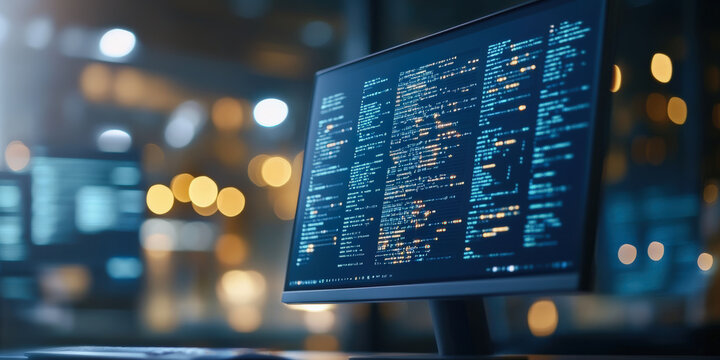 Computer monitor displaying lines of code in a dimly lit room, suggesting a late-night programming or cybersecurity environment. The background is blurred with bokeh lights.