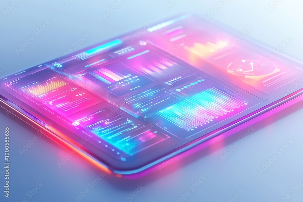 Poster a futuristic tablet displays glowing graphs and data visualizations.