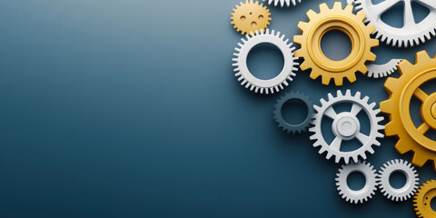 Gears of different sizes and colors interlocking on a blue background, symbolizing teamwork, engineering, and mechanical synergy.