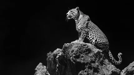  A leopard sitting majestically on a rock formation, surveying its territory with a powerful stance. © Boonnam Burart