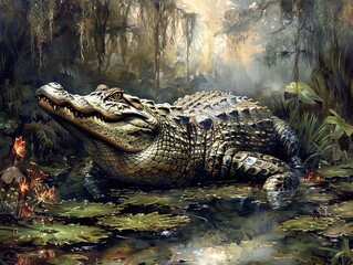 Obraz premium Alligator in the Swamp: A Serene Moment in Nature