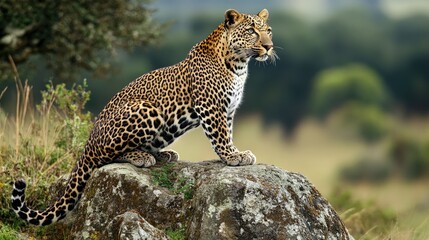Obraz premium A leopard sitting majestically on a rock formation, surveying its territory with a powerful stance.