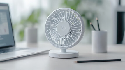 A small white desk fan is placed next to a laptop, pencil, and cup of pencils on a light-colored workspace.