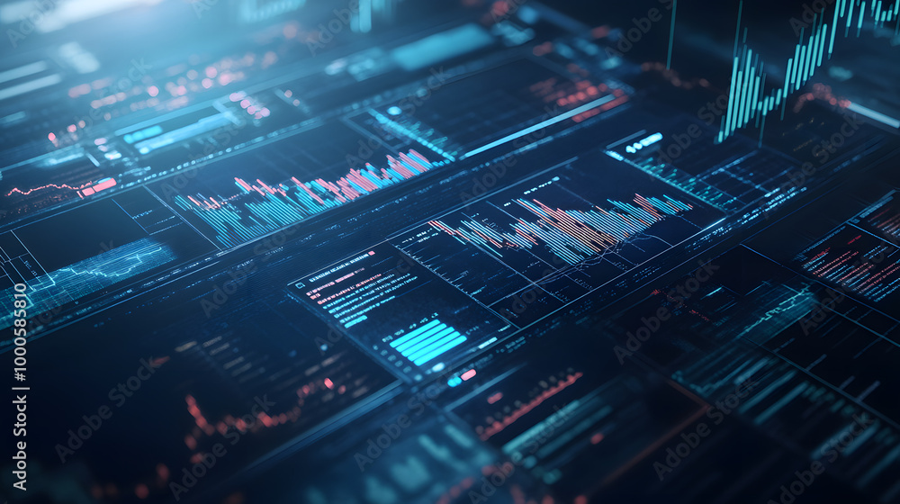 Wall mural A blurred background with a blue finance graph and investment bar, showcasing growth and success in the market with technology currency reports chart. Business stock world economy AI computer world