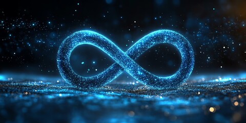 A glowing blue infinity symbol on a dark blue background with sparkles.