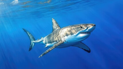 Fototapeta premium A majestic great white shark swimming gracefully through crystal-clear blue waters, showcasing its powerful physique.