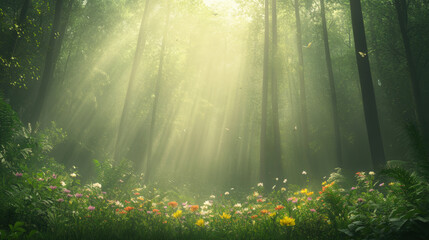 Obraz premium Sunlight filters through the trees in a serene forest, illuminating a vibrant carpet of colorful wildflowers in a peaceful, enchanting scene of nature.