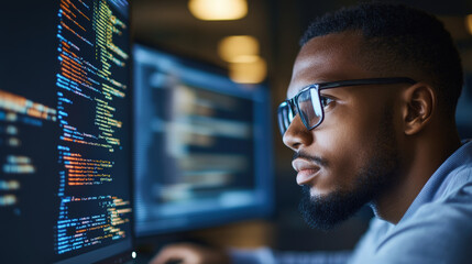 Fototapeta premium A focused individual wearing glasses intently works at a computer screen displaying programming code in a dimly lit room.