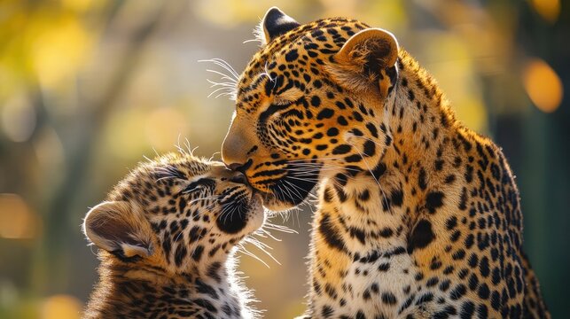 A mother leopard grooming her cub, their spotted coats glistening in the sunlight.
