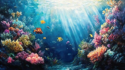 Obraz premium A serene underwater scene with colorful coral reefs, vibrant tropical fish, and gentle sunlight filtering through the water, creating a dreamlike ambiance