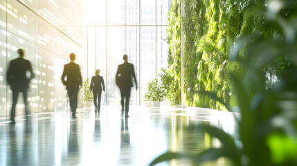 Abstract long exposure motion crowd business people walking commercial centre corporate green office in modern city lobby. Green sustainability natural light indoor plants garden environment