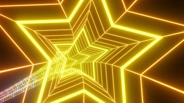 Endless Wireframe Star Shaped Neon Glowing Rainbow 3D Tunnel Spectrum - 4K Seamless VJ Loop Motion Background Animation