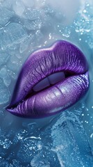 Close-up of metallic purple lips surrounded by textured ice. The bold metallic finish contrasts with the cool icy surroundings, creating a futuristic, high-fashion aesthetic with an otherworldly feel.