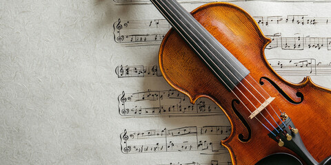 Fototapeta premium A beautifully crafted violin rests on an open sheet of music, generative AI