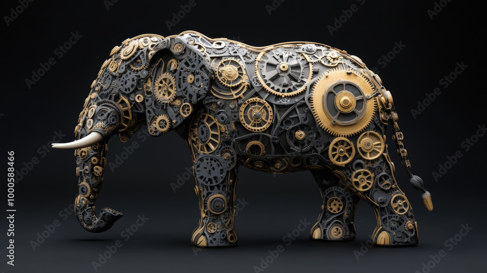 Poster a mechanical elephant composed of intricate gears, cogs, and clockwork, showcasing a unique blend of