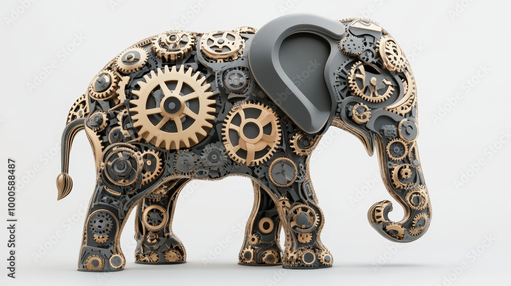Poster a steampunk-style mechanical elephant composed of intricate gears and cogs, blending artistry and en