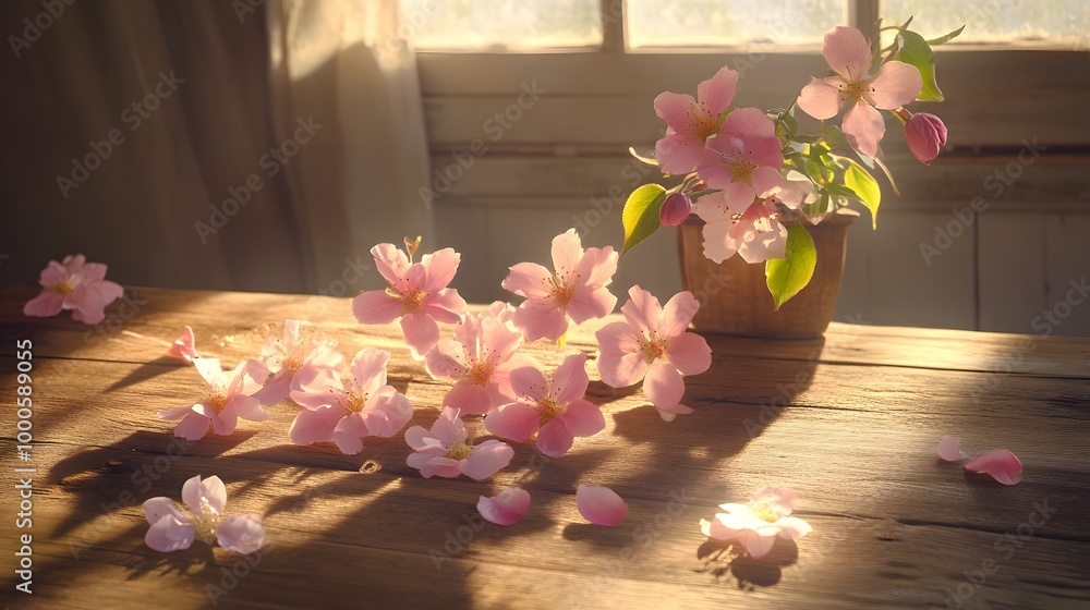 Poster 1. a charming spring display featuring delicate pink blossoms arranged on a rustic wooden table, wit