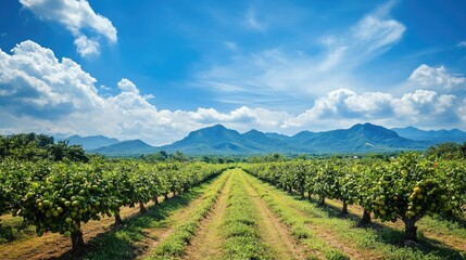 Fototapeta premium A scenic view of a mangosteen plantation in Thailand, with rows of fruit-bearing trees under a bright blue sky, showcasing the abundance of this tropical fruit.