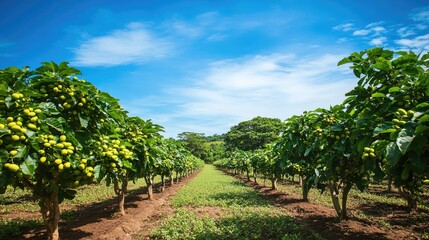 Naklejka premium A scenic view of a mangosteen plantation in Thailand, with rows of fruit-bearing trees under a bright blue sky, showcasing the abundance of this tropical fruit.