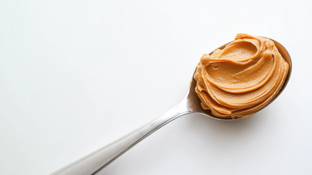 A spoonful of creamy peanut butter sits atop a silver spoon, against a clean white background, ready to be enjoyed.