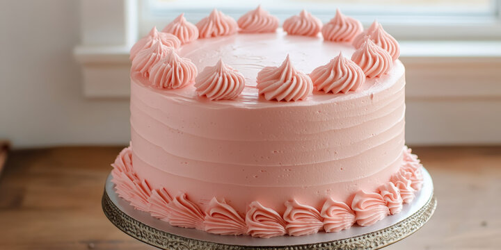 A beautifully frosted pink cake with decorative swirls on top and bottom sits on a silver cake stand near a window.