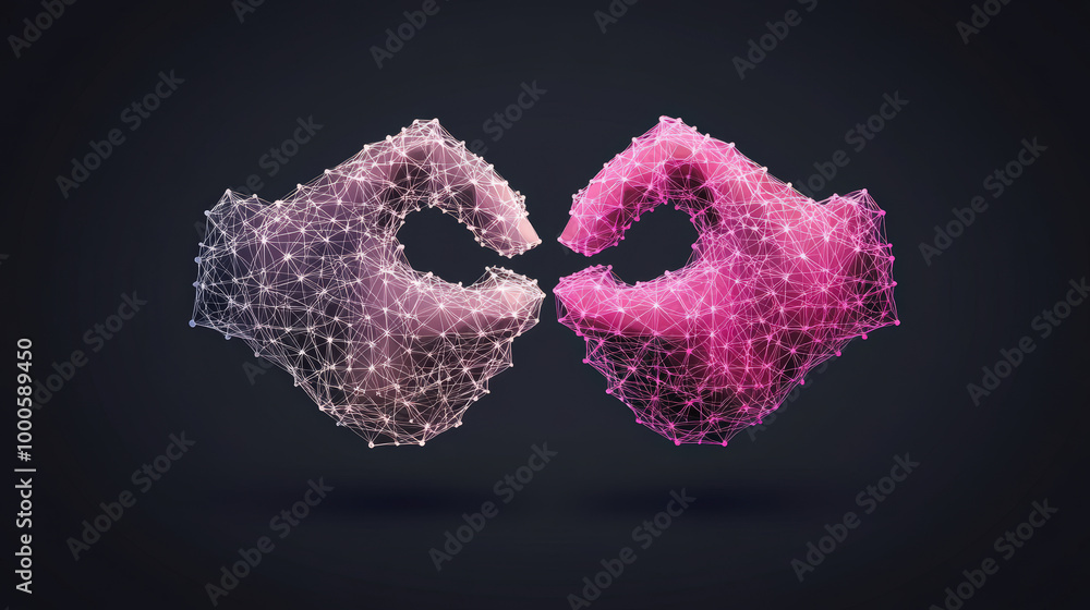 Aufkleber two digitally rendered hands made up of interconnected points and lines, facing each other in a gest