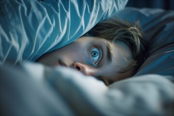 Close-up of a wide-eyed person lying in bed, looking scared and anxious, unable to sleep during the night.