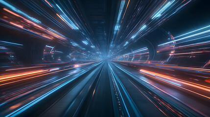 Futuristic modern city transportation bullet train traveling high speed tunnel cityscape background advanced technology future transport motorway efficient commute imaginary urban fast railway rail