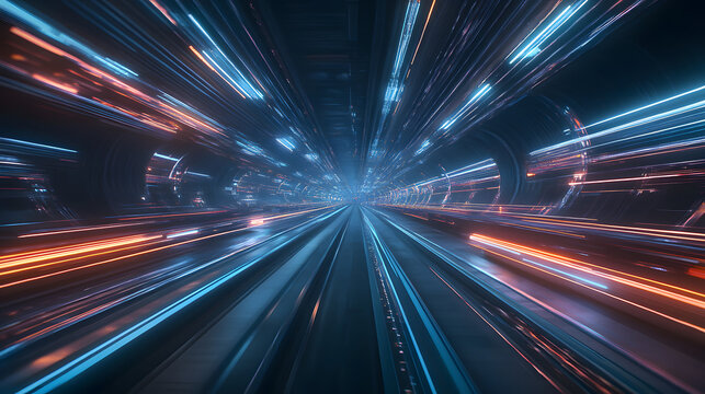 Futuristic modern city transportation bullet train traveling high speed tunnel cityscape background advanced technology future transport motorway efficient commute imaginary urban fast railway rail