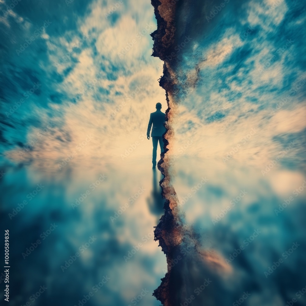 Poster a surreal image of a man walking through a mystical landscape, split between two realities. the scen