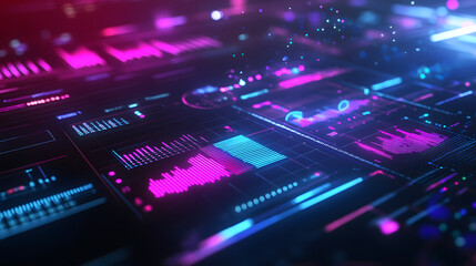 Fototapeta premium black 3D background blue purple finance graph investment bar, showcasing growth success in the market with technology currency reports chart. Business stock world economy AI computer display interfac