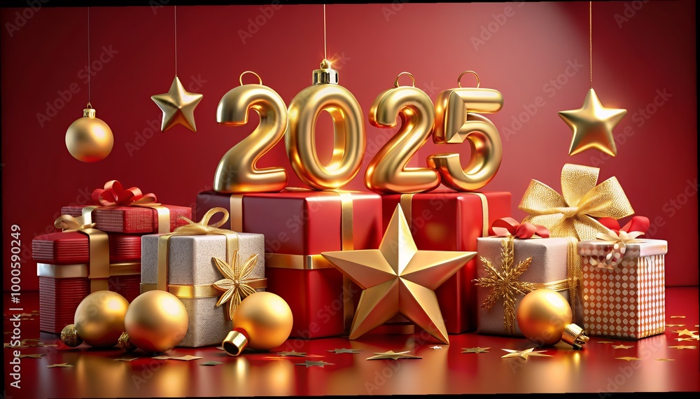 Wall mural 3d rendering of golden light shine particles bokeh over red background and the numbers 2025 in gold 