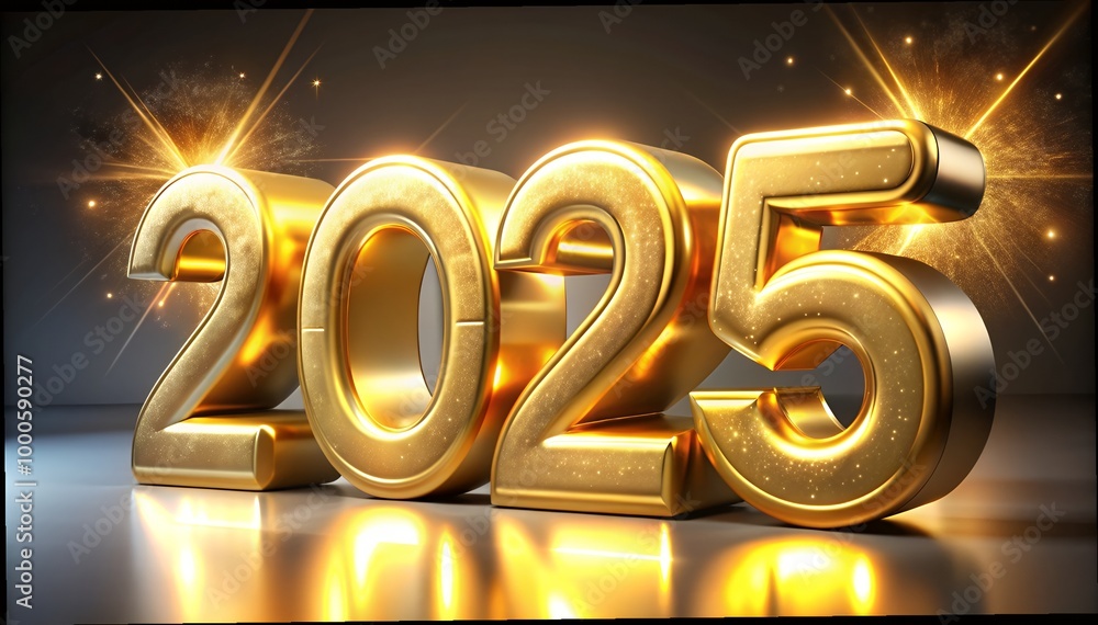 Wall mural 3d rendering of golden light shine particles bokeh over red background and the numbers 2025 in gold 