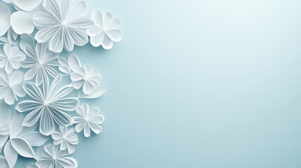 Elegant white paper flowers arranged on a light blue background, creating a serene and delicate floral design with ample space for text or graphics.