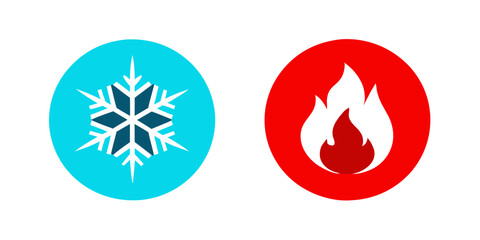 Hot and cold icon. Fire and snowflake sign. Heating and cooling button.
