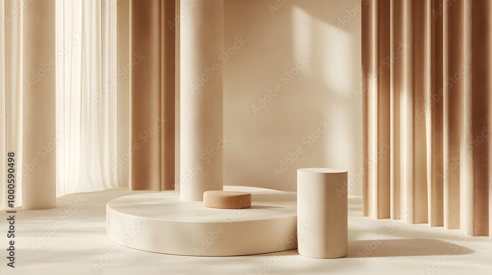 Poster 2. a stylish 3d rendering of a beige studio with a simple geometric platform and a cylindrical backg