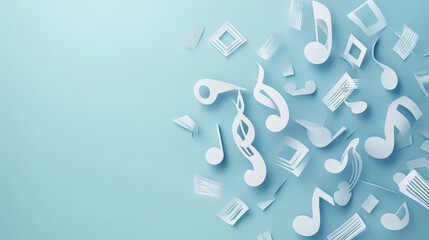 Paper cut-out musical notes and symbols in white, elegantly scattered on a light blue background, capturing a whimsical and artistic feel.