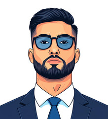 A stylish man in a suit, depicted in a vivid cartoon style, blending elements from different artistic influences.