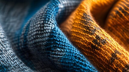 Closeup of blue and orange fabric with a textured surface.