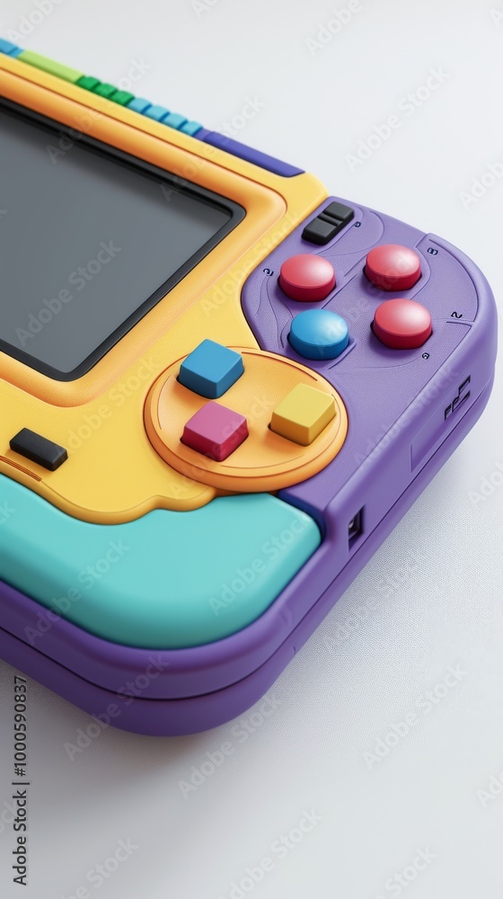 Poster a vibrant retro handheld gaming device featuring a purple and yellow design with multicolored button