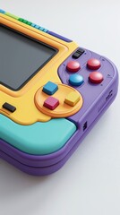 A vibrant retro handheld gaming device featuring a purple and yellow design with multicolored buttons and a small screen. Its playful, nostalgic appearance appeals to gamers and retro tech lovers.