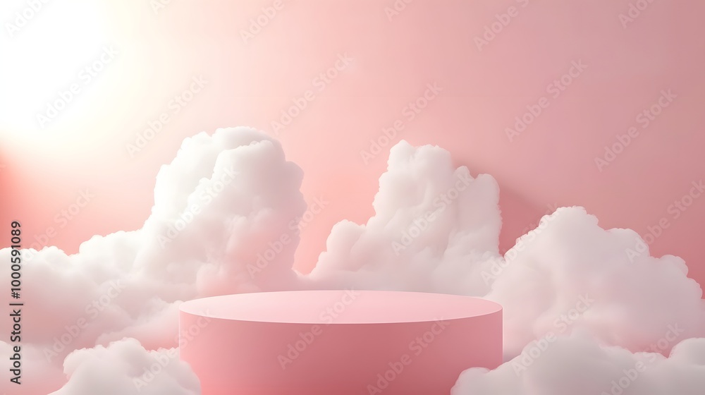 Aufkleber 1. a soft pink 3d rendering featuring a geometric podium against a minimalistic white cloud backgrou